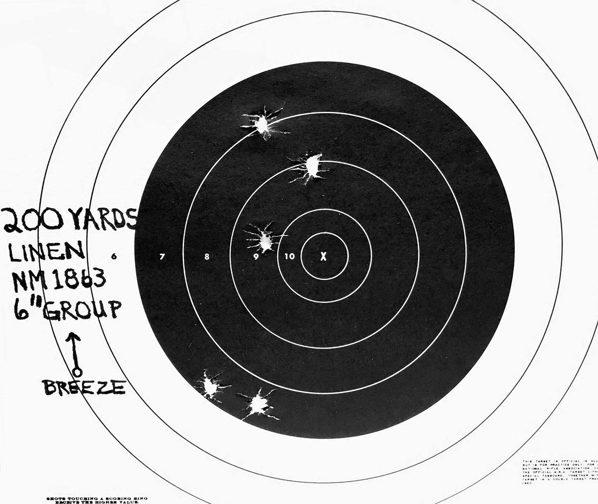 This is the middle/average of the three, five-shot targets shot at 200 yards, measuring 6 inches. Again, not the best nor the worst, but representative. I was very tickled with the results!